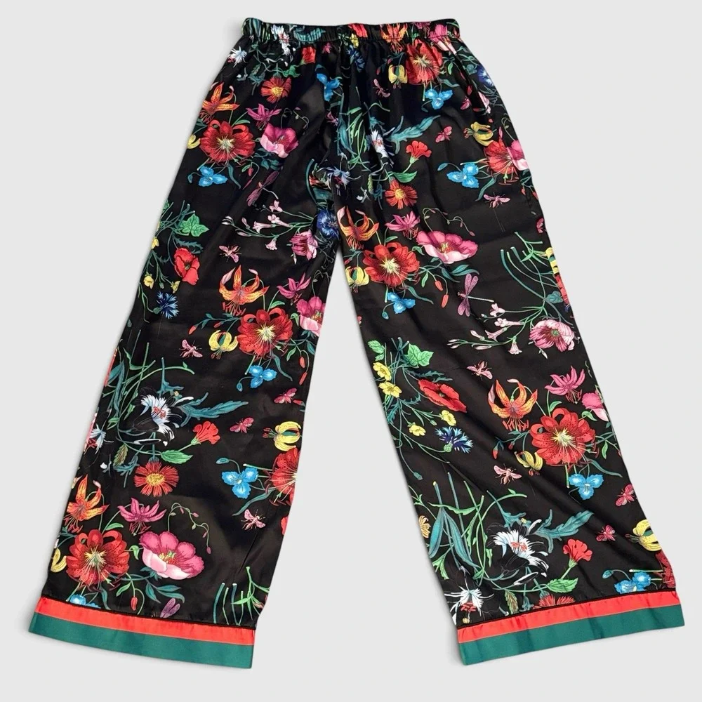 Floral Botanical Wide Leg Silky Satin Style Pants Boho Chic Womens XL Maximalist